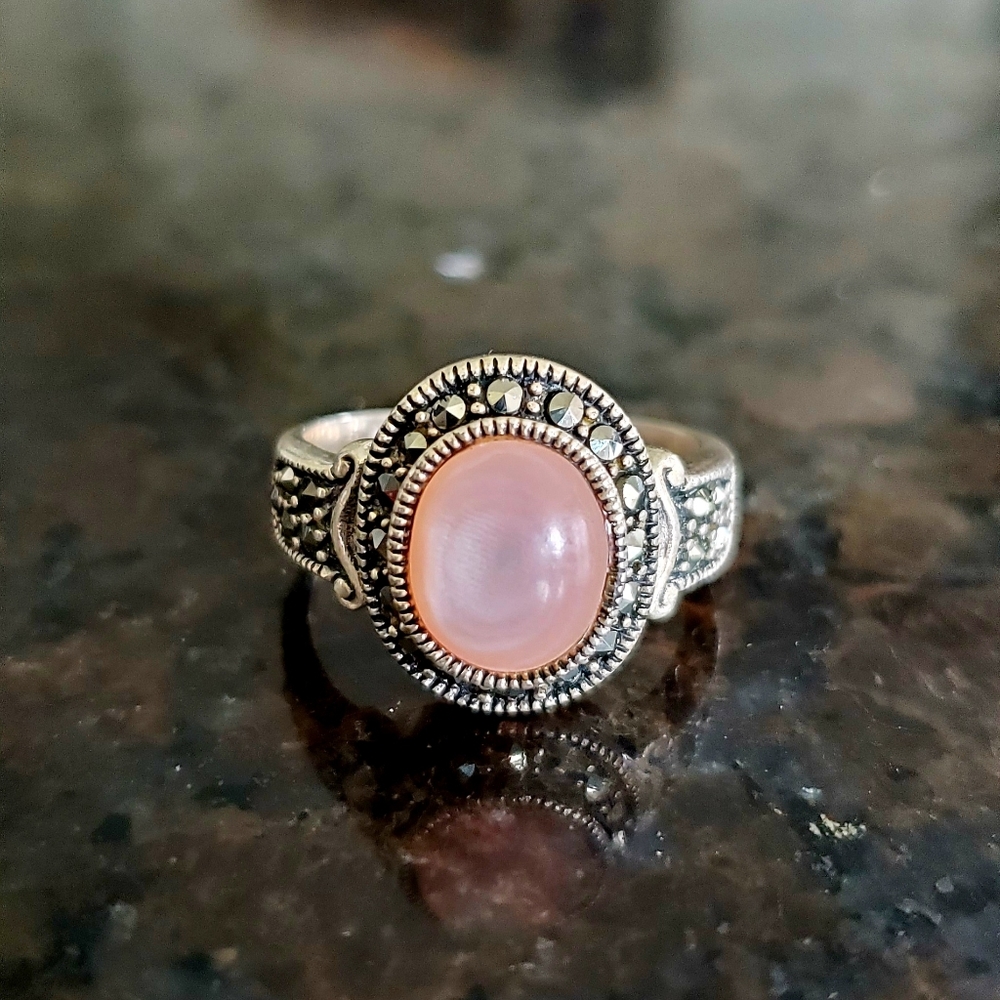 Thailand Sterling Silver, Marcasite and Pink Ring